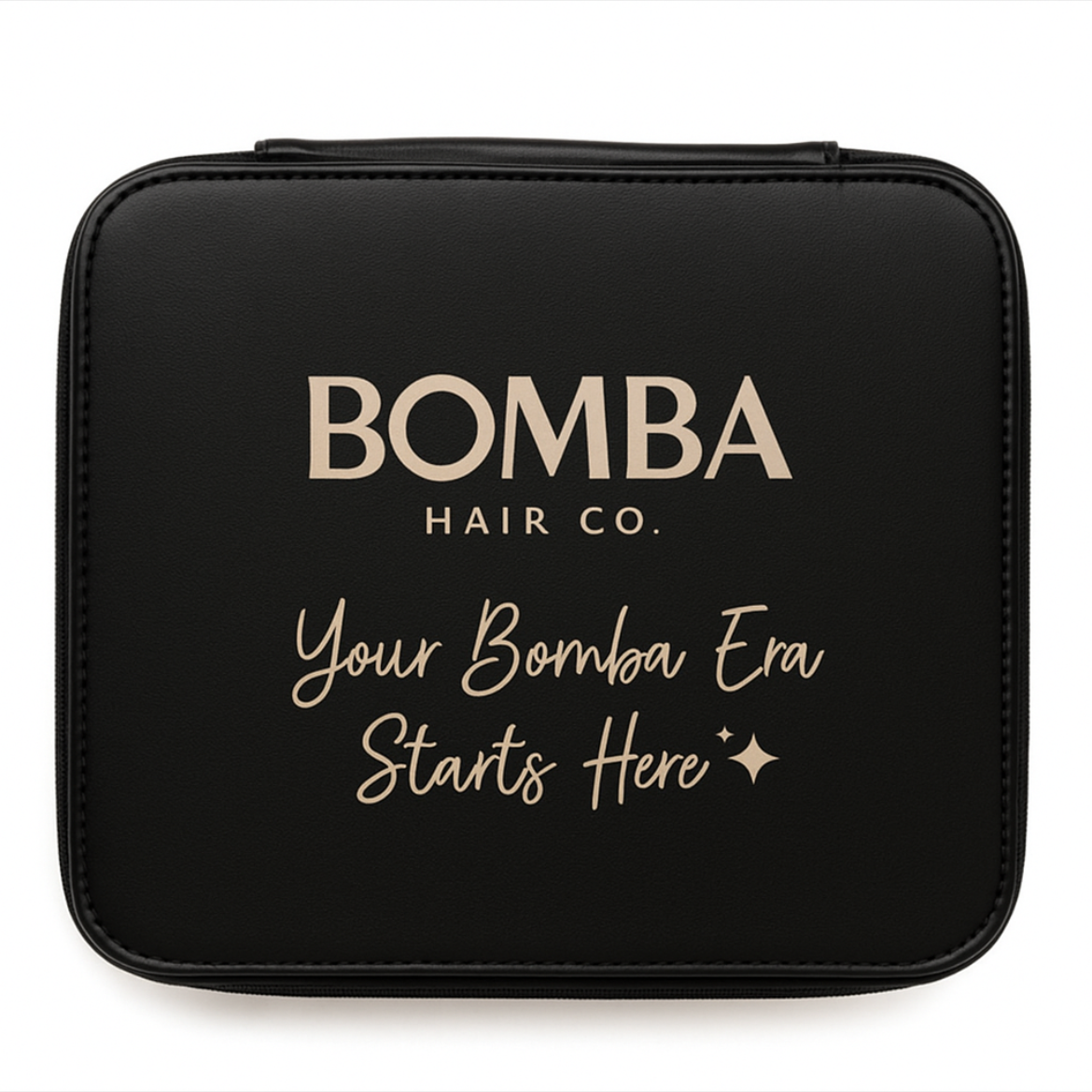 Black pouch with 'Bomba Hair Co.' branding and text on a black background